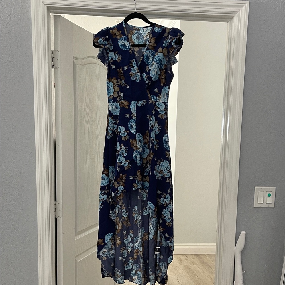 SHEIN Blue and Brown Floral High Low Dress